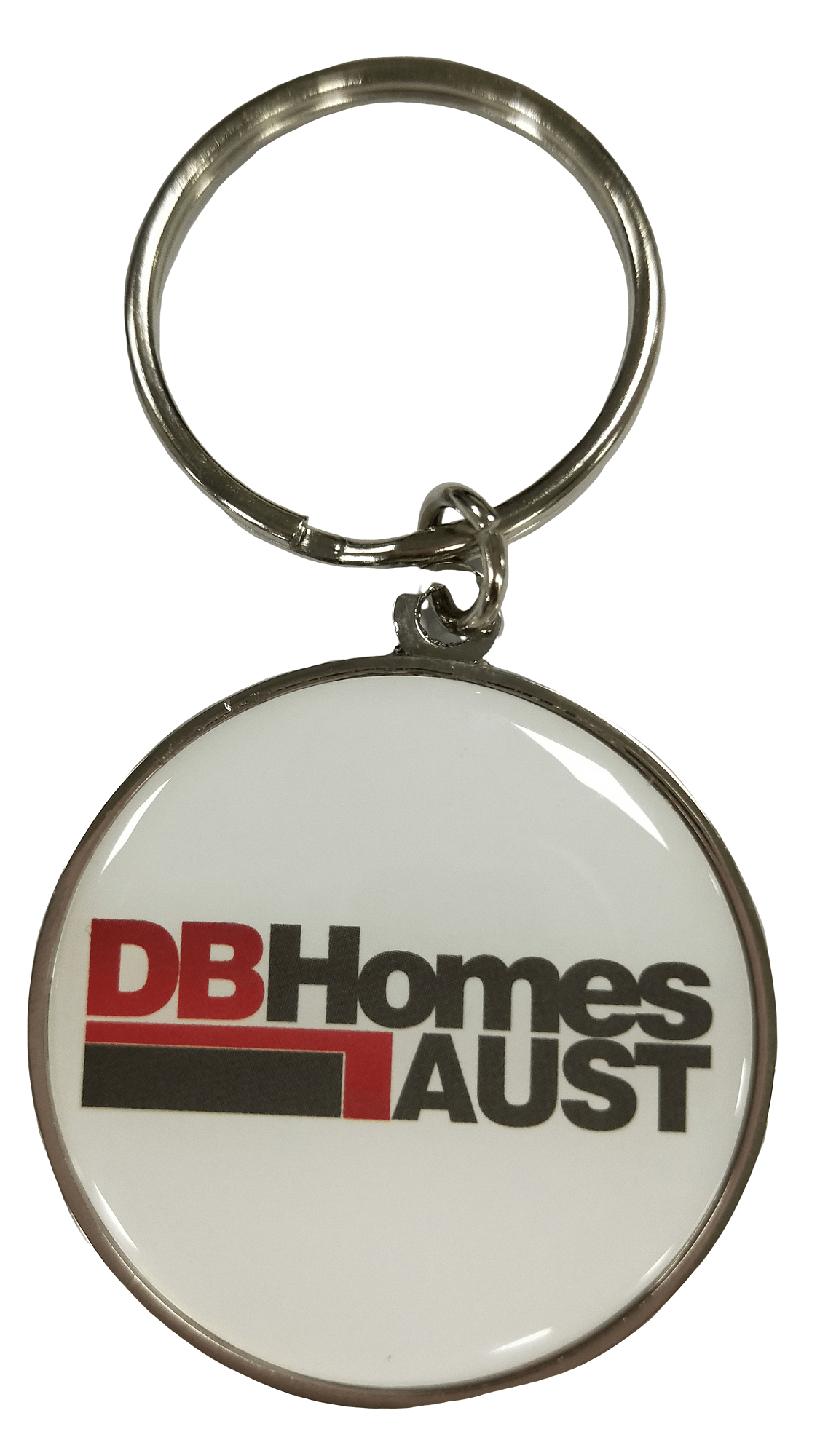 Circle shaped custom metal keychain for a building company. It has a 2 colour printed logo on the front and clear expoxy protective layer for maximum shine and durability.
