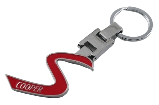This keyring has a red logo cut out of the metal to form an almost S shaped design with a 1 colour logo.