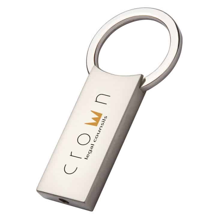 Classic rectangular shaped metal key ring with a printed logo for a legal company.
