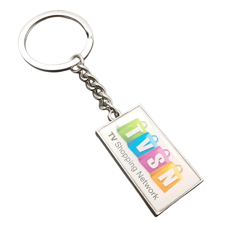 Rectangular custom metal keyring with a printed logo for promoting a shopping TV company. 