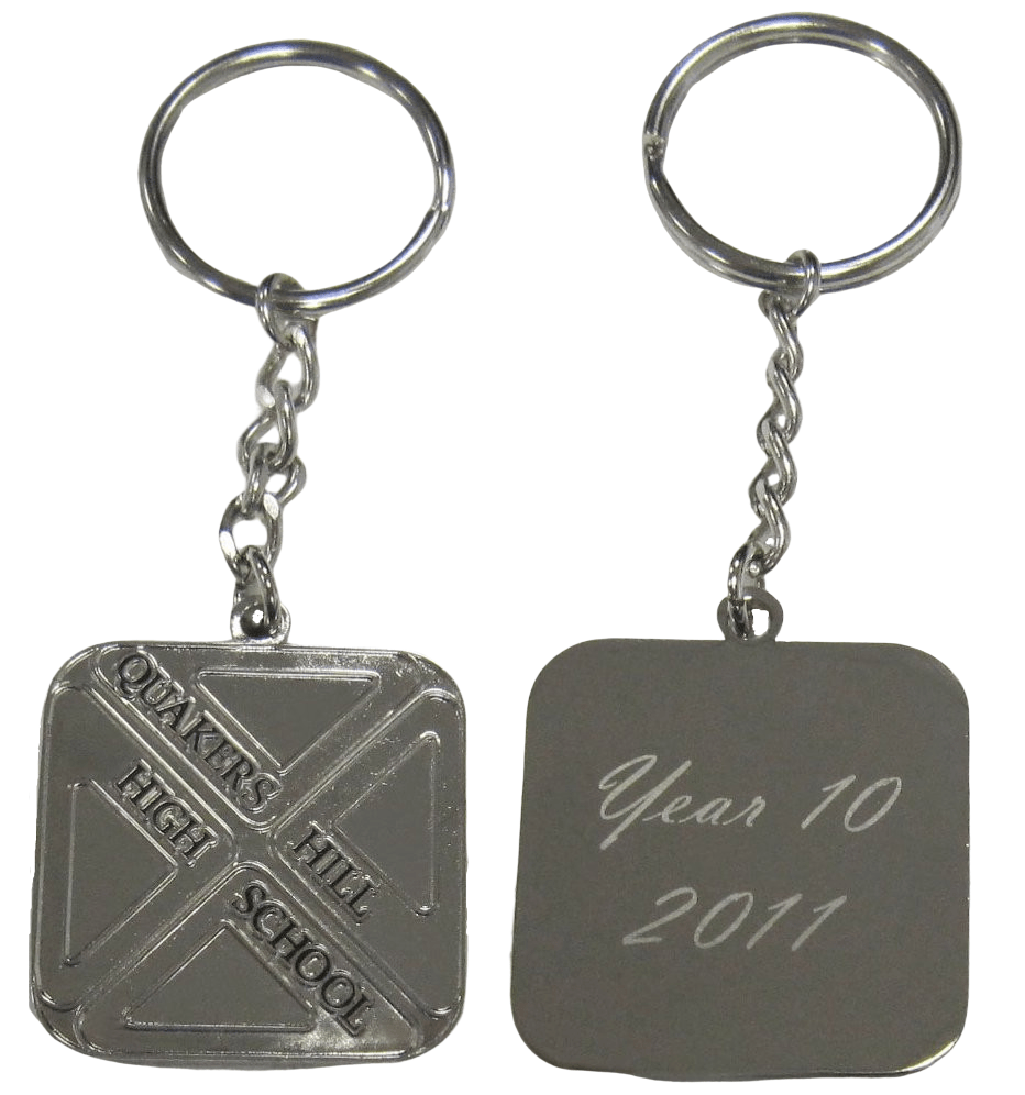 Square personalised metal keyring designed for student memorabilia. This features a logo emgraved with 1 colour print on the front and laser engraved lettering on the back side.