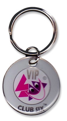 Circular custom metal keyring for a VIP club. It features a printed logo on the front and protective clear film layered over.