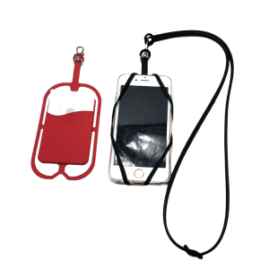 Two thin, cord-style mobile phone lanyards in blue and red.