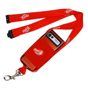 A red waterproof mobile phone pouch with a black lanyard.