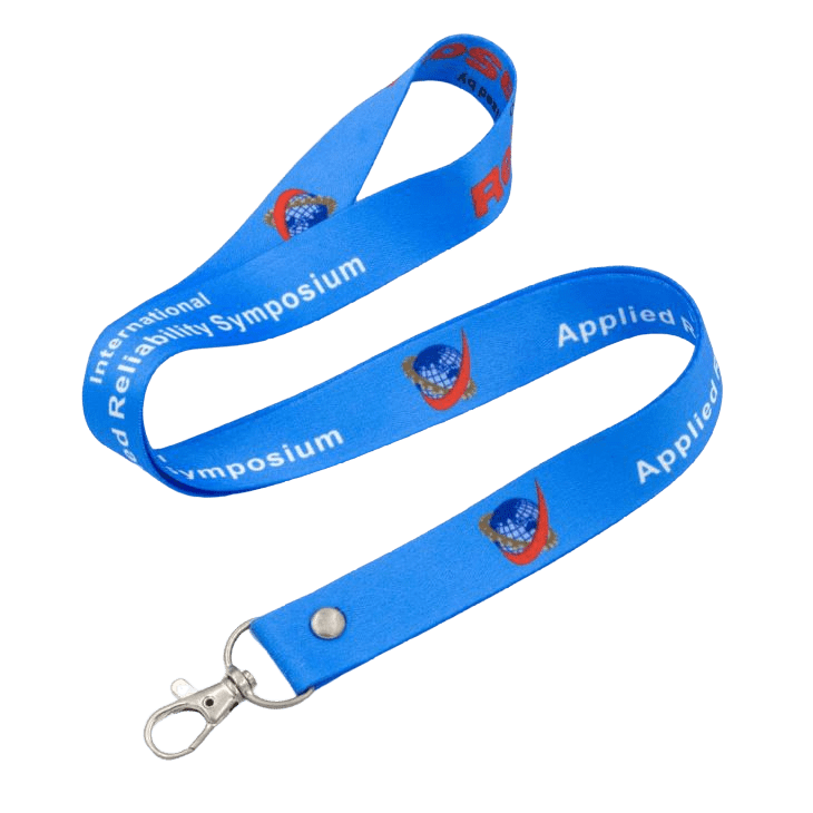 Blue printed lanyard with a metal swivel hook. It features a clear logo written in white. along with a globe image as part of the logo.