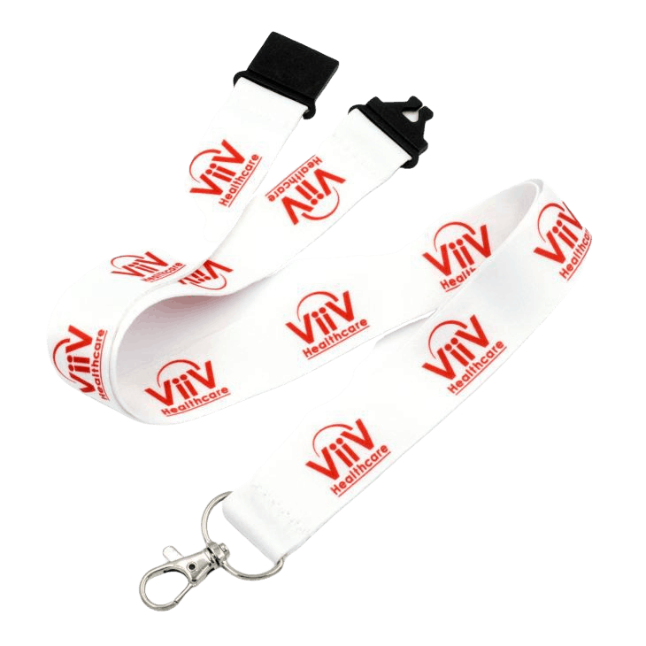 White printed lanyard safety and safety buckle. It also features a red logo and metal swivel hook. 