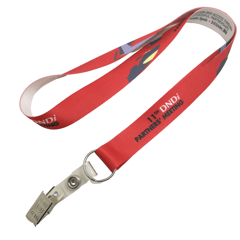 Red printed lanyard with a split ring and alligator clip. 