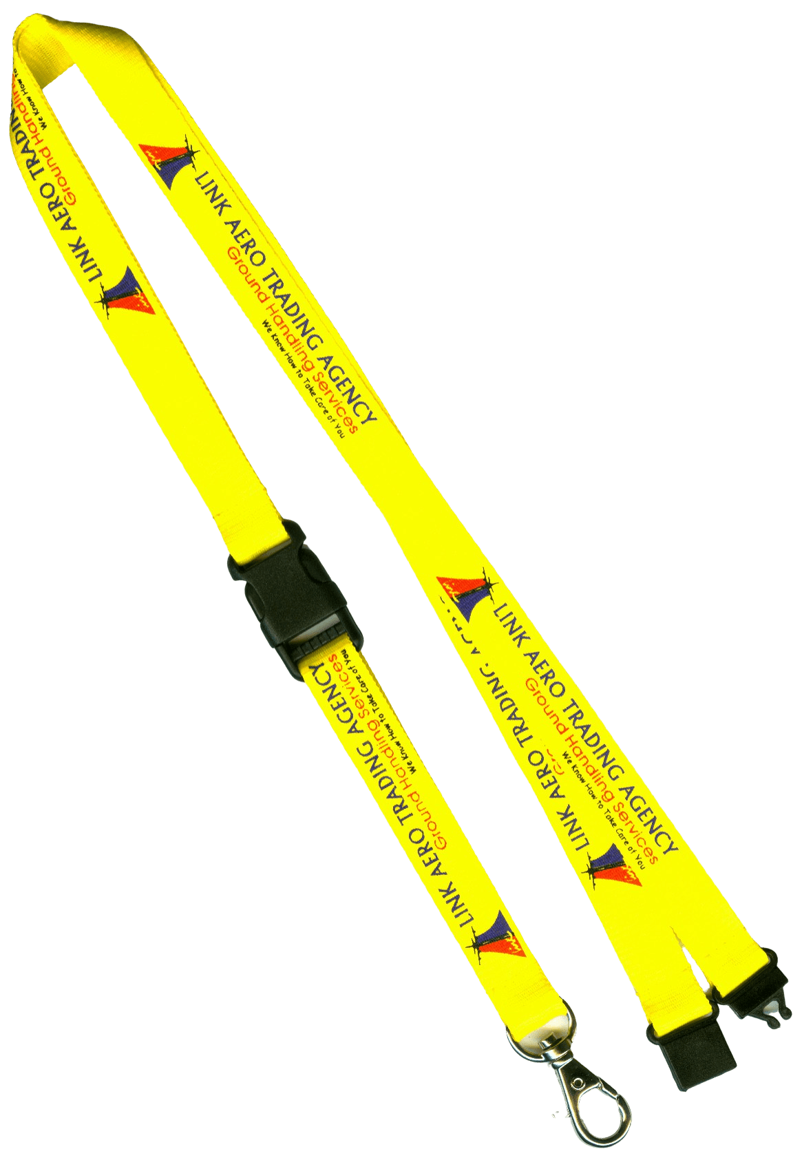 Fluro yellow printed lanyard for an aviation company. It features plastic breakaway clips and a metal swivel hook.