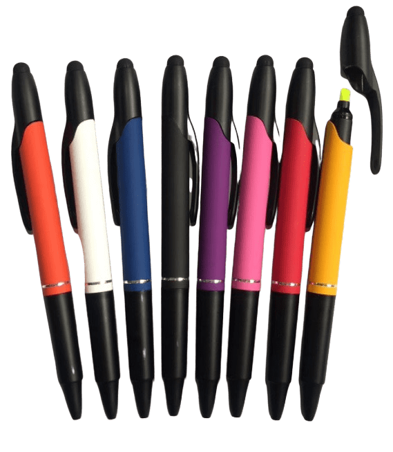Personalised plastic pens in plastic. They are available in various colours as pictured and feature an inbuilt highlighter within the top head. 