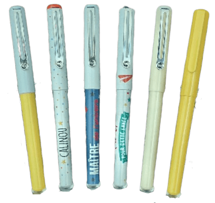 Personalised pens with plastic rounded logo.