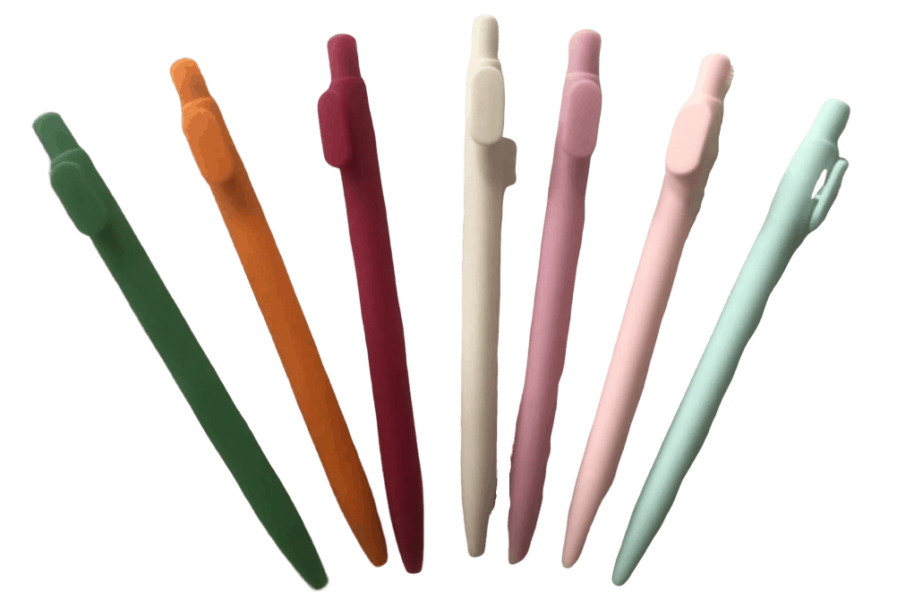 Personalised plastlic pens shown in various colours. These can have your lown logo or design printed on them.