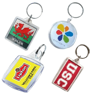 Various shaped acrylic keyrings with a printed logo insert.