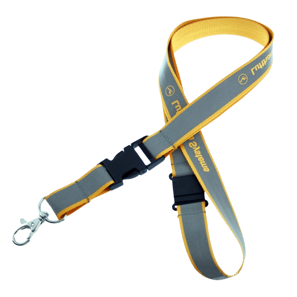 Reflective lanyard with safety buckle and metal swivel hook. This lanyard has a yellow base material and bright contrasting yellow logo against a silver background.