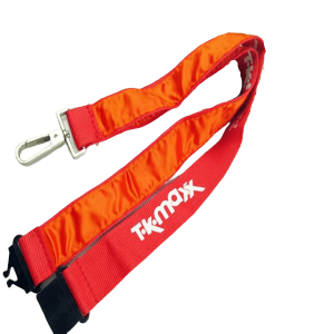 polyester lanyard with a satin ribbon stitched over the top, featuring a metal clip and safety buckle.