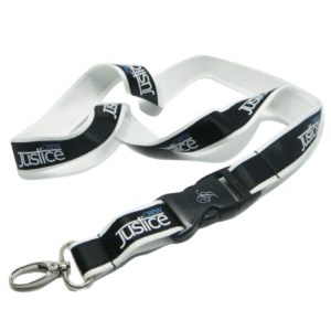 A custom satin lanyard with a two-colour blue and white stitched logo.