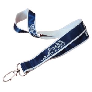 te and blue layered satin lanyard with a metal swivel hook.