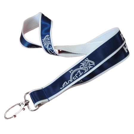 White and blue satin lanyard with metal swivel hook.