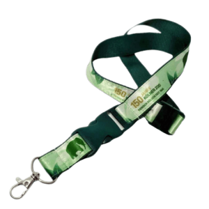 A custom satin lanyard with a green radiant logo and a metal swivel hook.