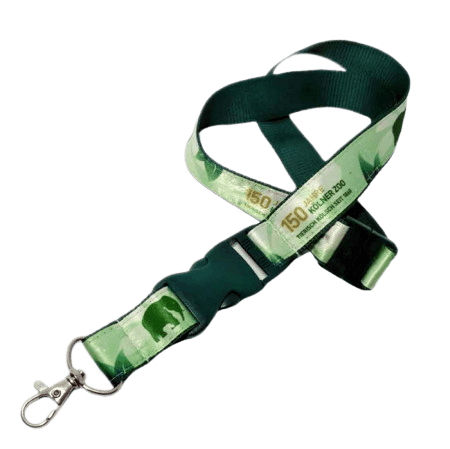 Custom satin lanyard with a green radiant logo and metal swivel hook. 