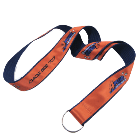 Custom satin lanyard with logo printed on ribbon and split ring attachment.