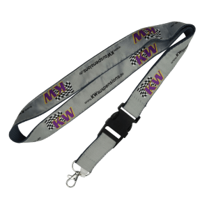 A black and grey satin woven lanyard with a plastic breakaway clip and a metal swivel hook.