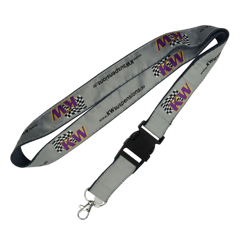 Black and grey satin woven lanyard with a plastic breakaway clip and metal swivel hook. 