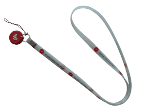 A white custom silicone lanyard with a two-colour printed logo, a mobile string, and a split ring.