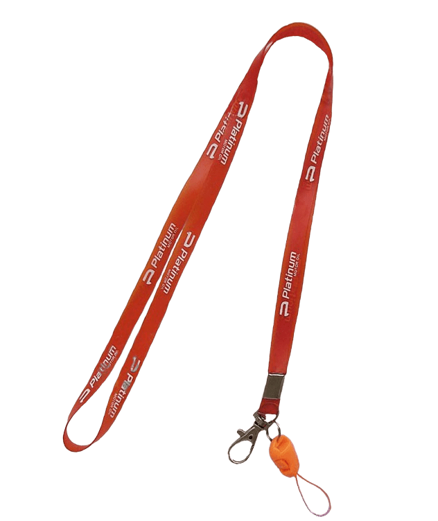 Red silicone lanyard with mobile string and metal swivel hook. 