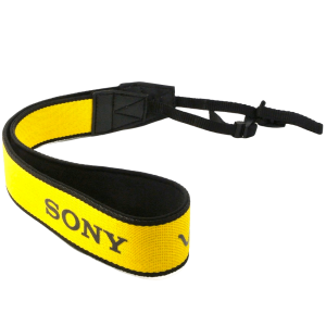 A short, yellow lanyard designed as a camera strap with a one-colour woven logo.