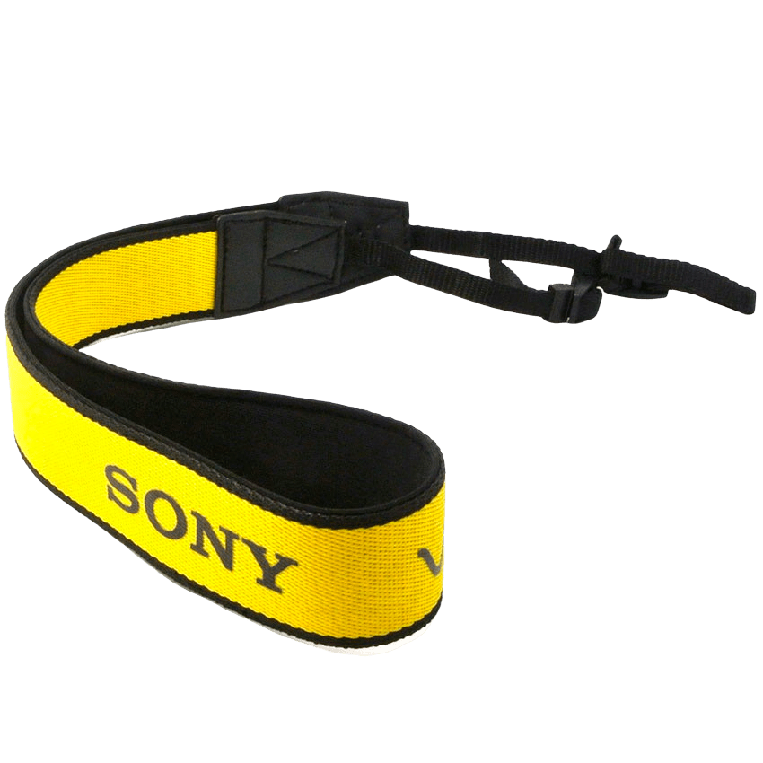 Small lanyard camera strap. It has yellow material and a 1 colour logo woven into the material.