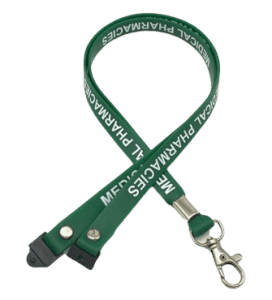 A green branded silicone lanyard with a one-colour white logo, a safety clip, and a metal swivel hook