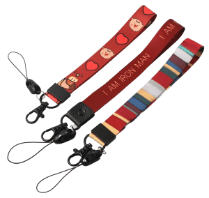 A small lanyard with a full-colour heat transfer logo, a swivel hook, and a mobile string.