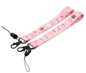 A short, blue wristlet lanyard with a metal swivel hook and a mobile phone string.