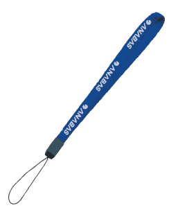 A blue, small mobile phone lanyard with a one-colour printed logo.