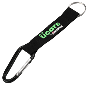 A black keyring lanyard with a split ring, a carabiner hook, and a three-colour stitched logo.