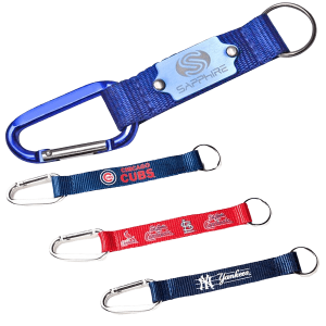 A collection of custom keyring lanyards in various colours with carabiner hooks and split rings.