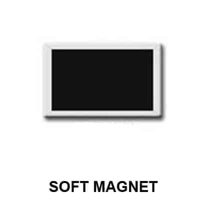 This picture shows the rear of a rectangular button badge which has a soft magnet which is used to attach to your clothing.