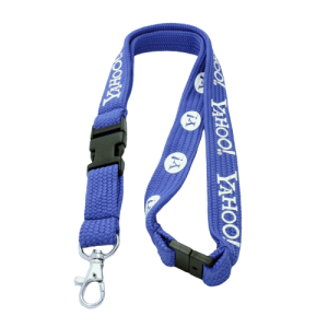 ALT Text: A blue tube lanyard with a one-colour logo, a safety buckle, and a plastic breakaway clip.