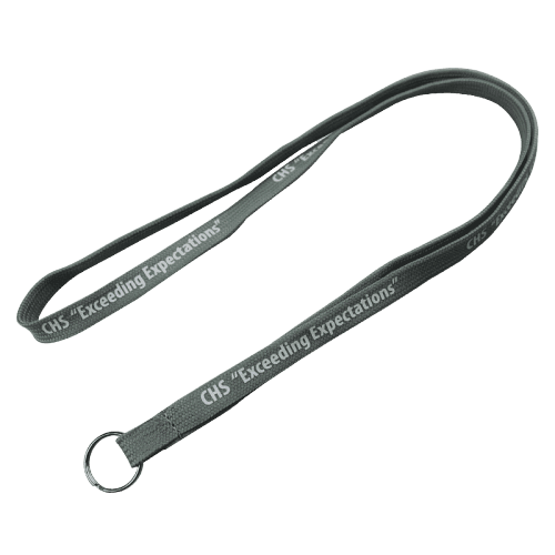 Grey tube lanyard with split ring and 1 colour logo.