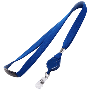 A green tubular lanyard featuring a branded pull reel and a metal swivel hook.