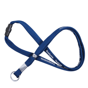 A blue tube lanyard with a printed logo, a safety breakaway clip, and a metal split ring.