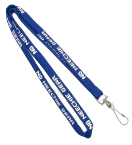 A black tube lanyard with a one-colour printed logo and a metal dog clip attachment.