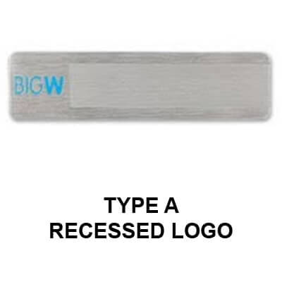 Custom metal name tag Type A with a recessed logo.