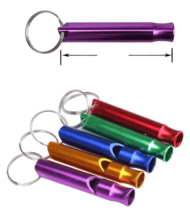 Custom metal keyring whistles in various colours pictured.