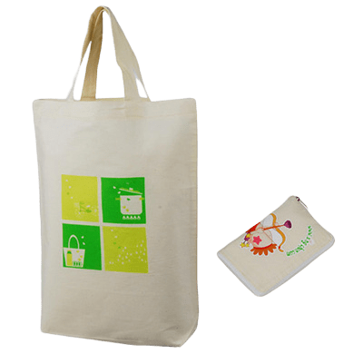  Printed cotton bag with a two colour logo. It folds into a pouch with a zipper.
