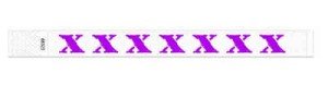 Purple disposable wristbands with the letter X printed in fluorescent purple.