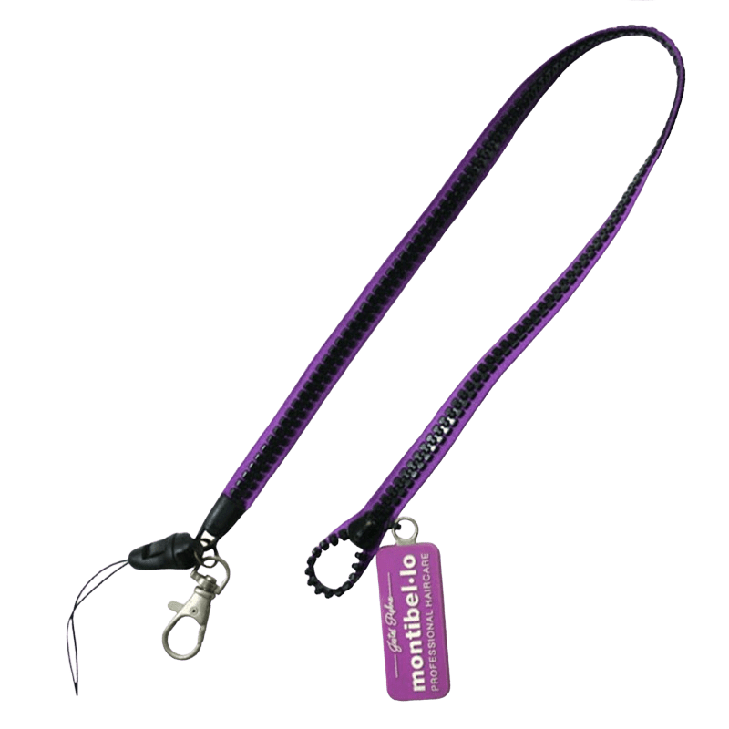 Purple zipper lanyard with a swivel hook and mobile string. It also has a purple rubber keyring attached with a 2D raised logo in white.