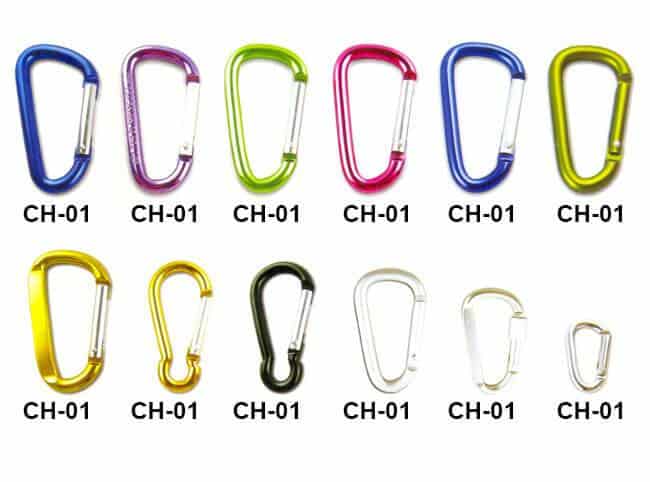 Standard carabiner hooks in various colours and sizes.