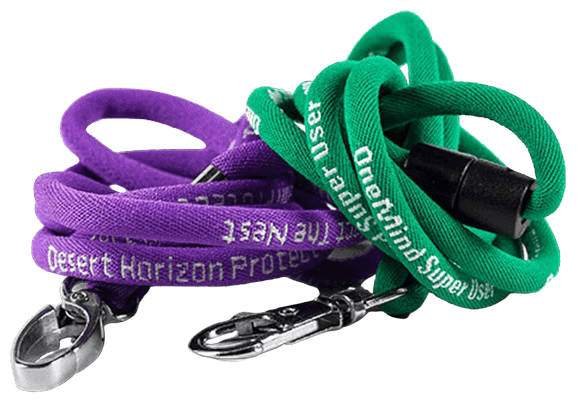 Corded lanyard example in green and purple material. Both have a metal swivel hook.