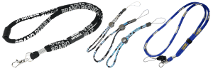 A collection of custom corded lanyards showcasing different styles and accessory attachments.